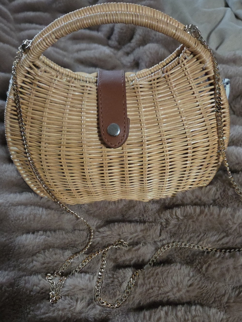 JCREW Woven Straw Crossbody Bag with Brown Accent and Gold Chain